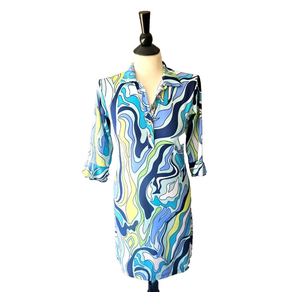 Ana Clare Active Marin Flounce Polo Dress Geometric Print Multi Color Size XS
